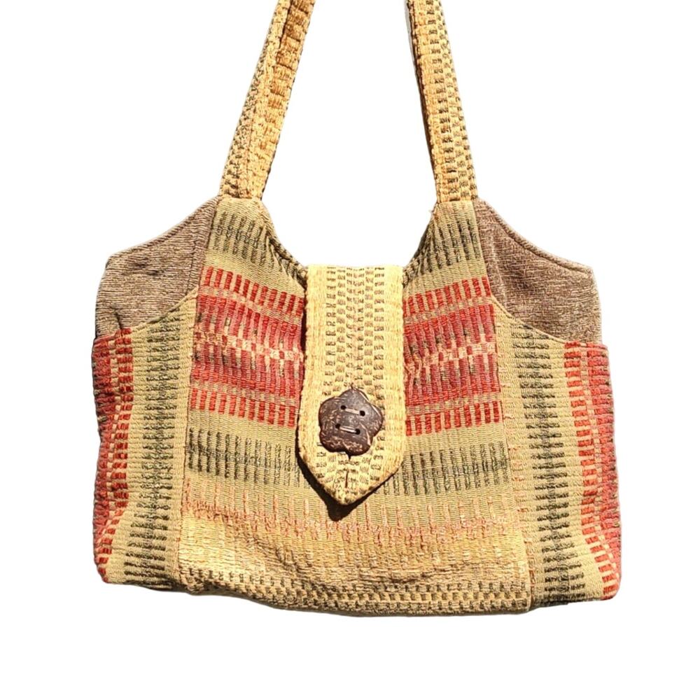 Multicolor Tan, Olive, Caramel Stripe Aztec Design Woven Tapestry Boho Tote Bag